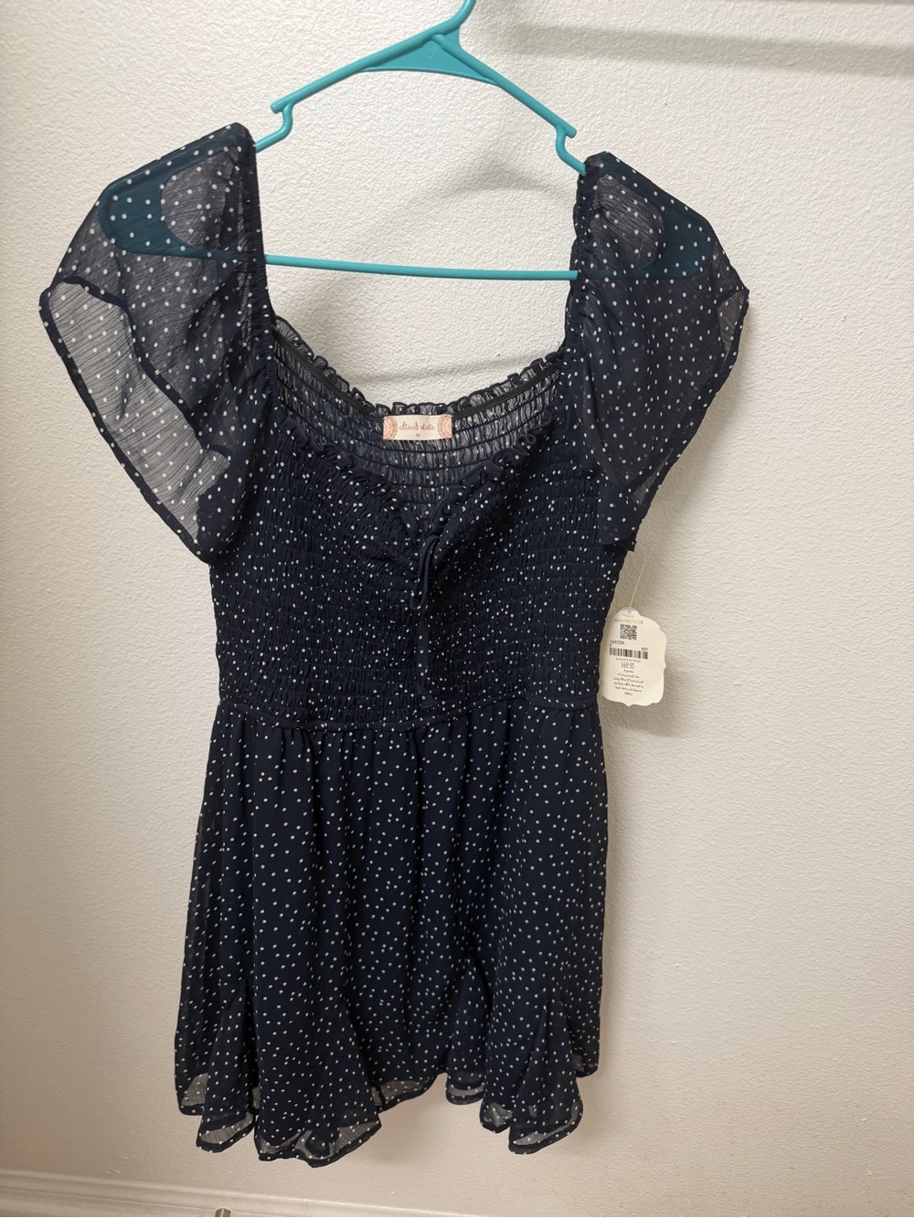 Altar'd State Navy with White Dot Smocked Mini Dress medium